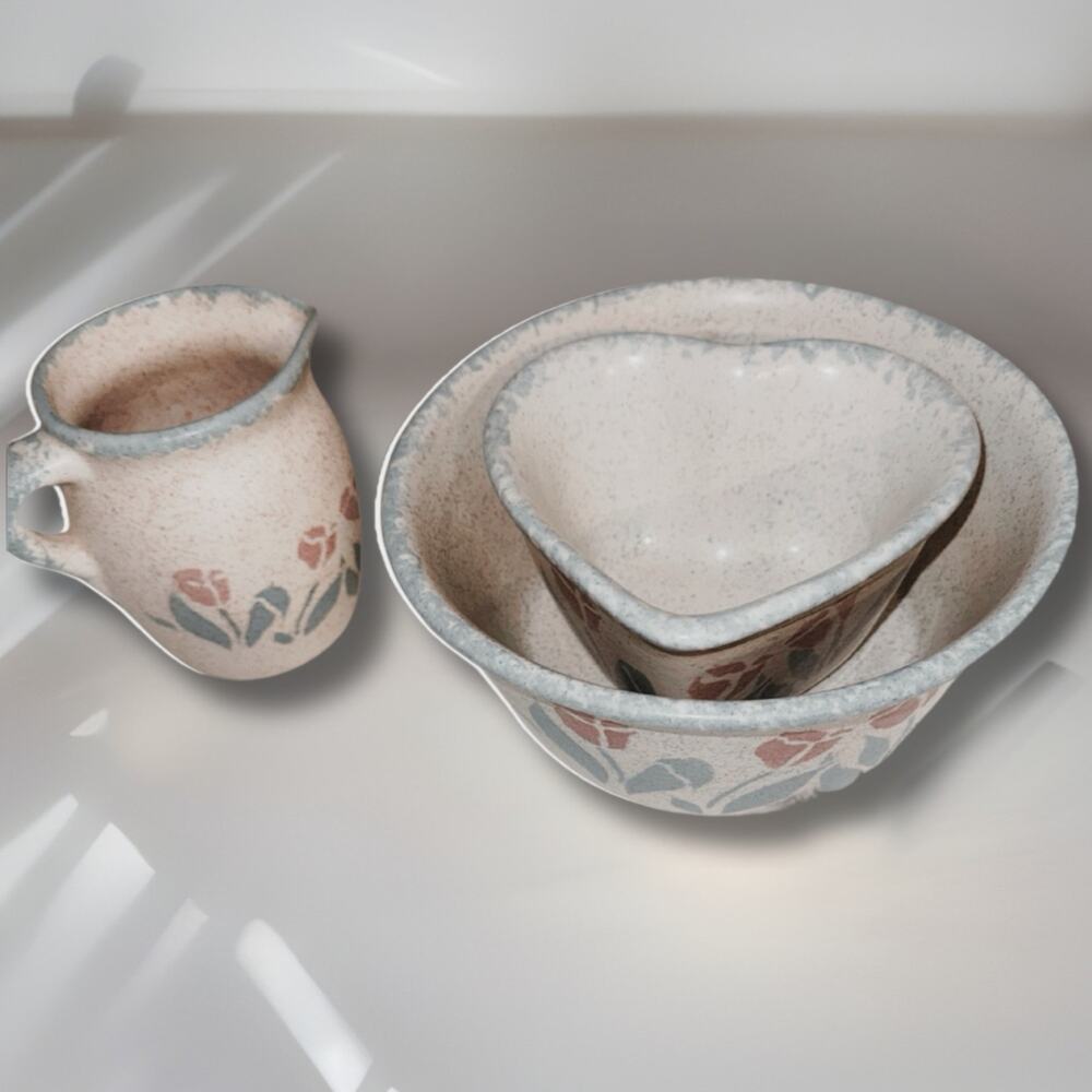 Vintage Speckled Stoneware Mixing Bowl Set | 80s Farmhouse Kitchen Decor
